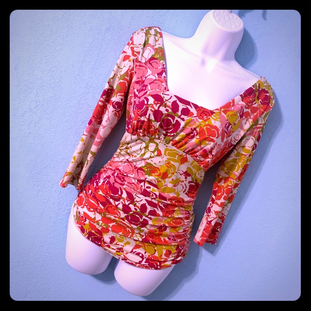 Cabi Floral 3/4 Sleeve Ruched Fitted Top
